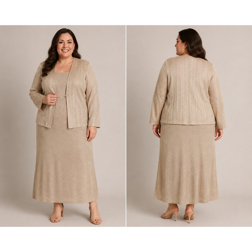 R&M Richards Gold Metallic Knit 2 Piece Maxi Dress and‎ Jacket Set Formal Plus